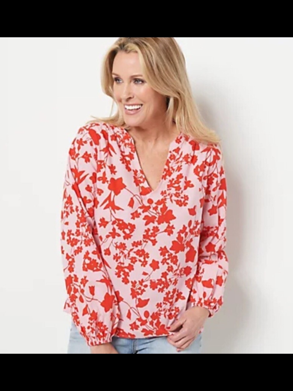 Candace Cameron Bure Pink Blouse with Red Floral Print